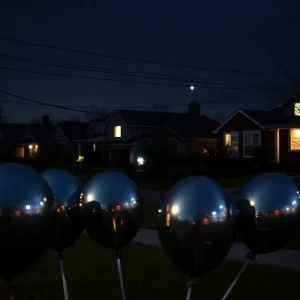 Darkened homes during a power outage with metallic balloons in the foreground.