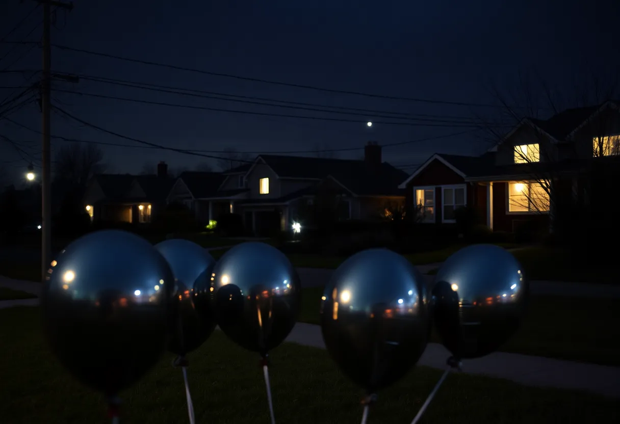 Darkened homes during a power outage with metallic balloons in the foreground.