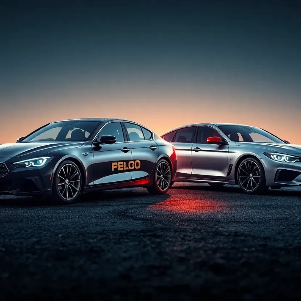 Illustration of cars with a backdrop of rare-earth elements.