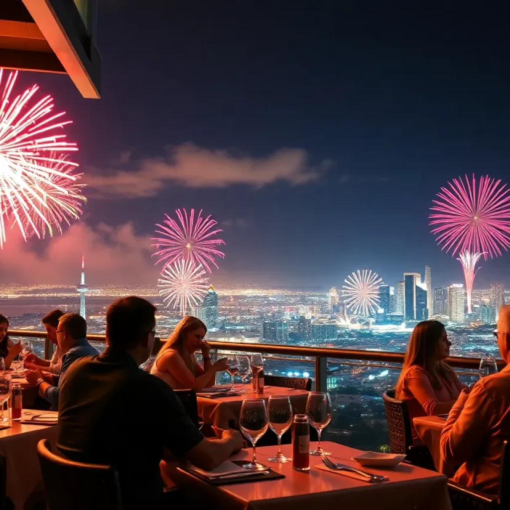 Guests dining on a rooftop with fireworks in the background