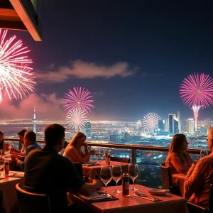 Guests dining on a rooftop with fireworks in the background