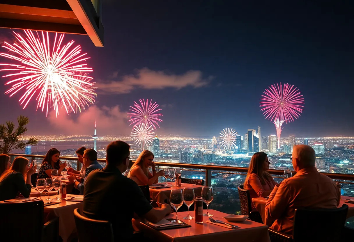 Guests dining on a rooftop with fireworks in the background