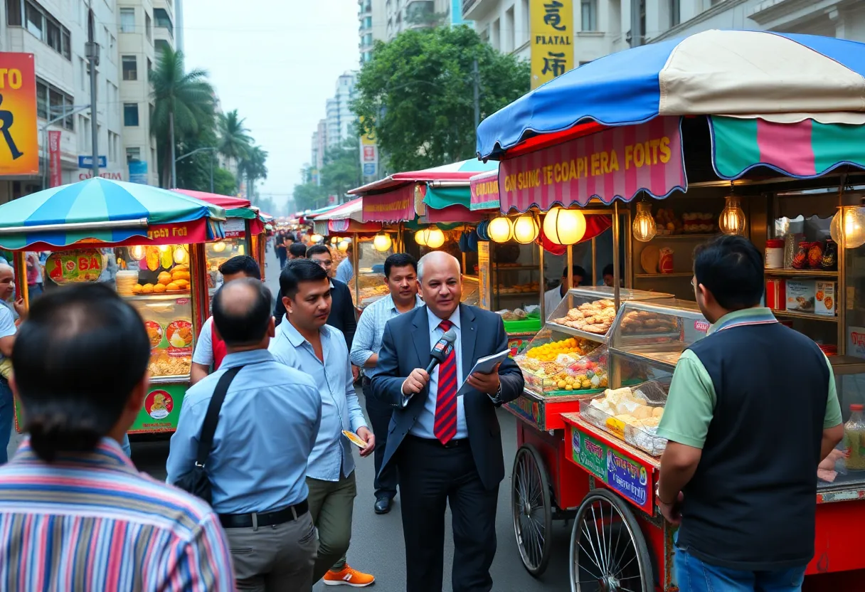 Street food vendors at work with city officials present