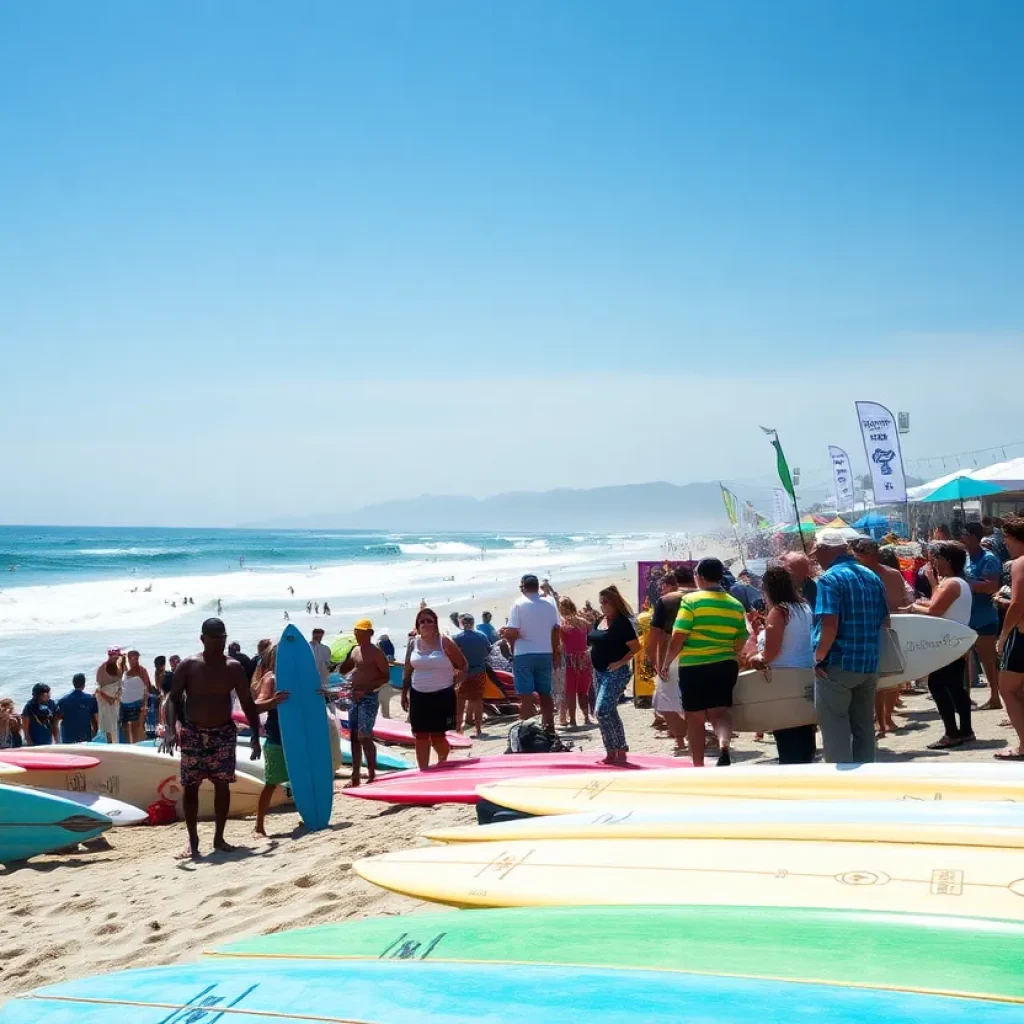 Crowd at Huntington Beach celebrating the Surfer's Hall of Fame induction.