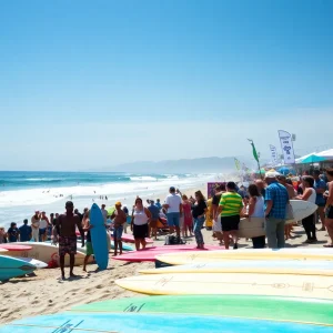 Crowd at Huntington Beach celebrating the Surfer's Hall of Fame induction.
