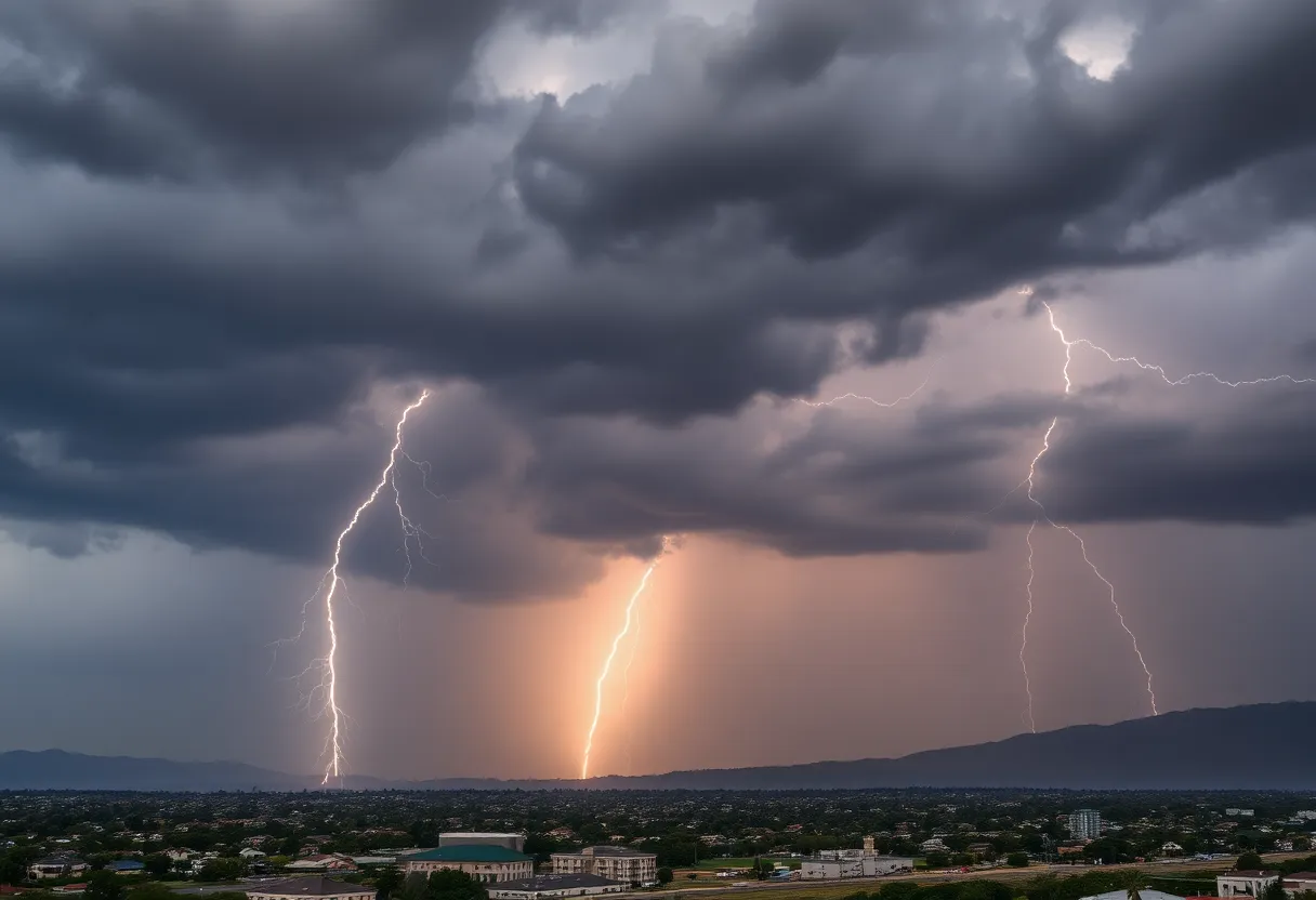 Dramatic thunderstorms in Southern California with lightning and rain