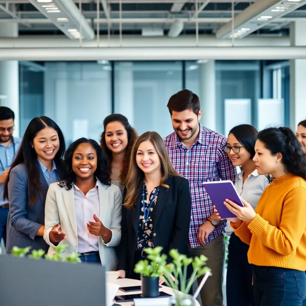 Diverse employees working together in a modern office environment