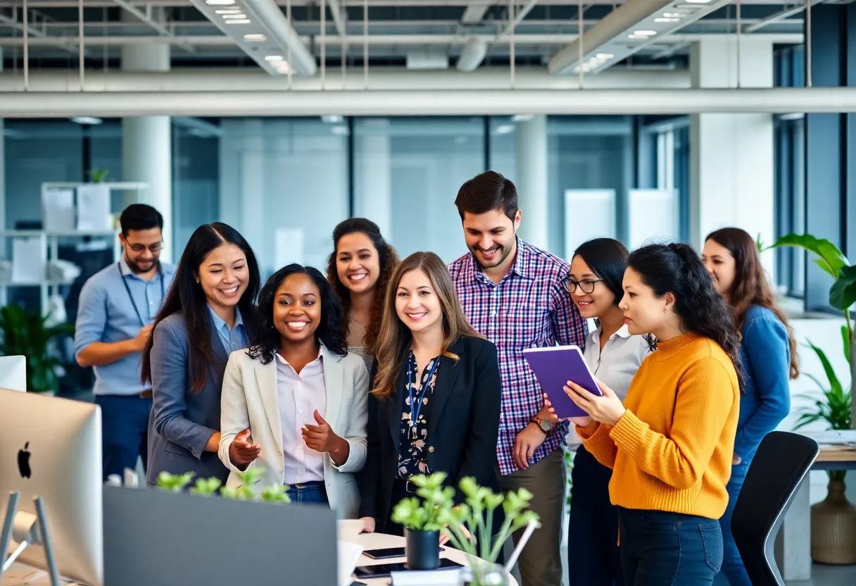 Diverse employees working together in a modern office environment