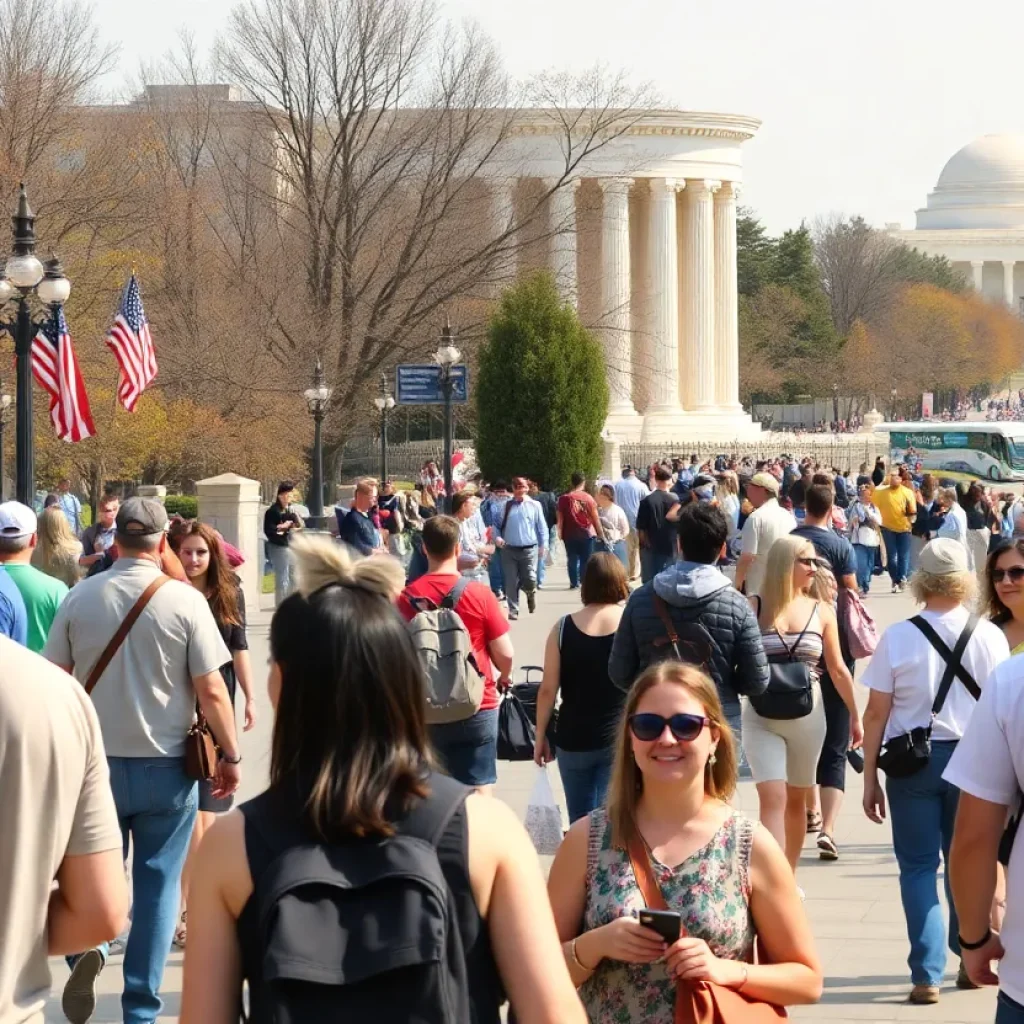 Tourists in Washington D.C. visiting iconic monuments.