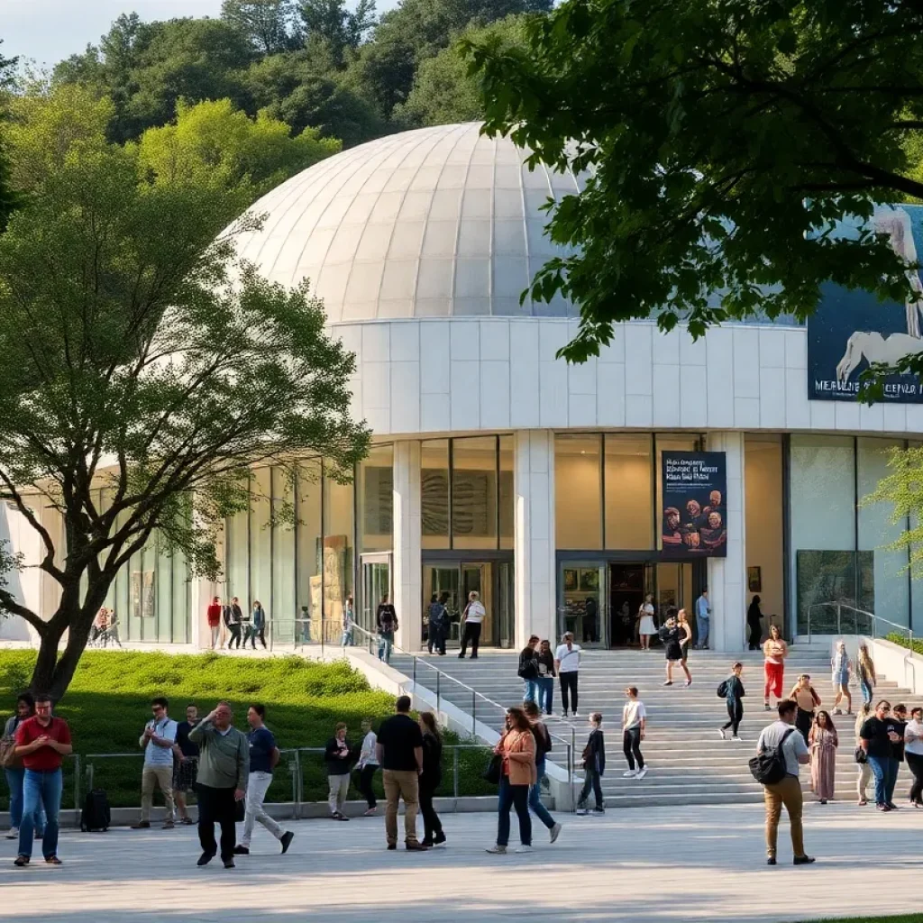 A contemporary art museum with visitors enjoying the exhibits