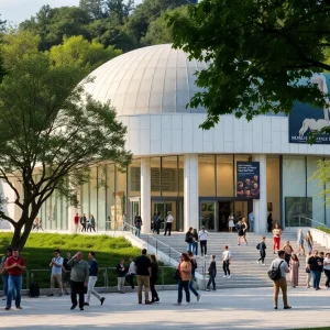 A contemporary art museum with visitors enjoying the exhibits