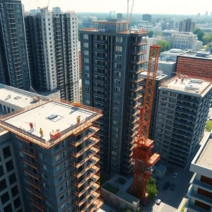 Aerial view of office buildings under renovation for residential conversion in Orange County
