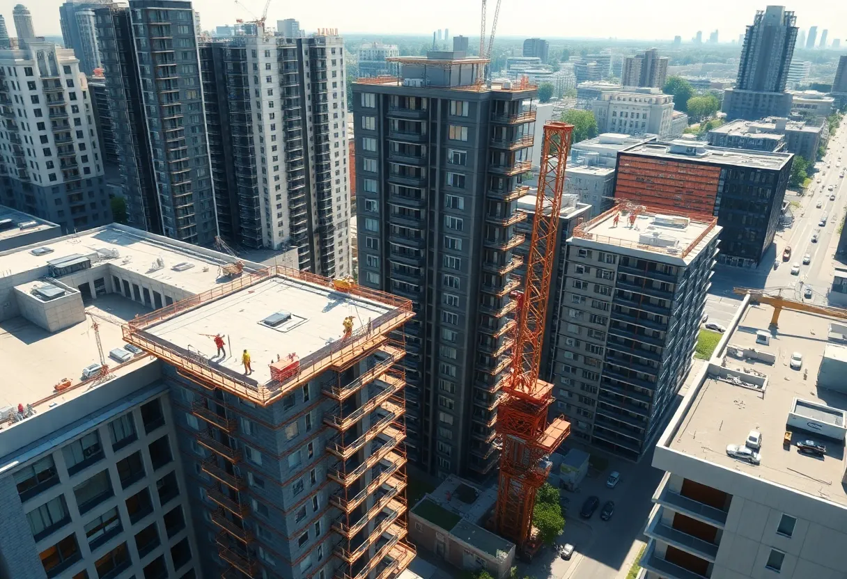 Aerial view of office buildings under renovation for residential conversion in Orange County