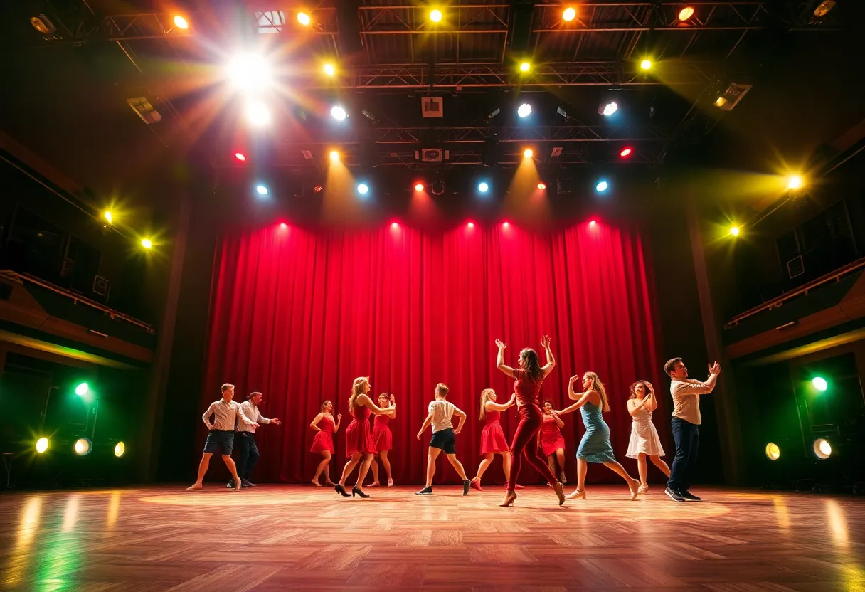 Dancers performing on stage during Footloose musical at Vanguard University.