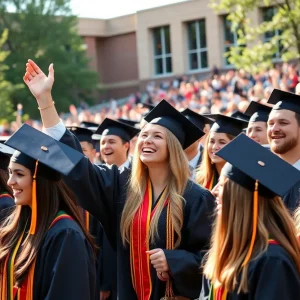 Graduates celebrating during Vanguard University commencement ceremony
