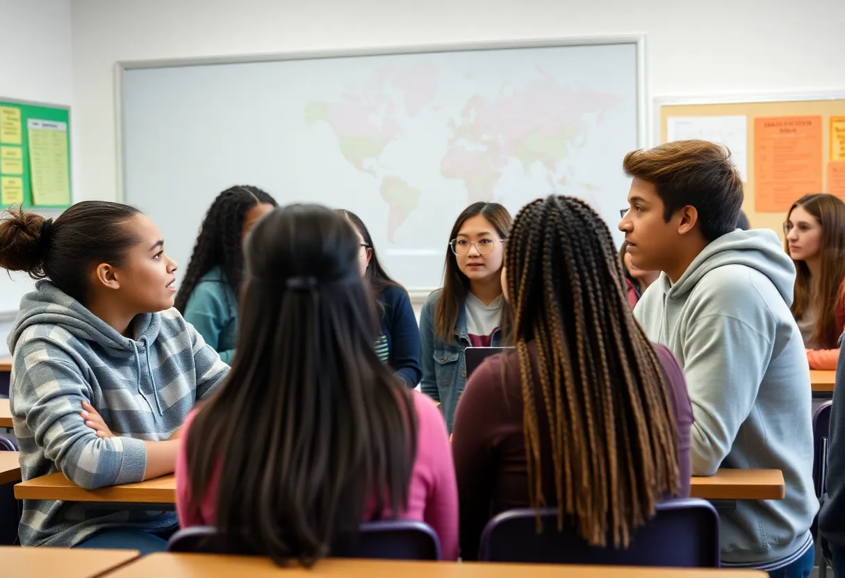 Students participating in a human trafficking awareness program