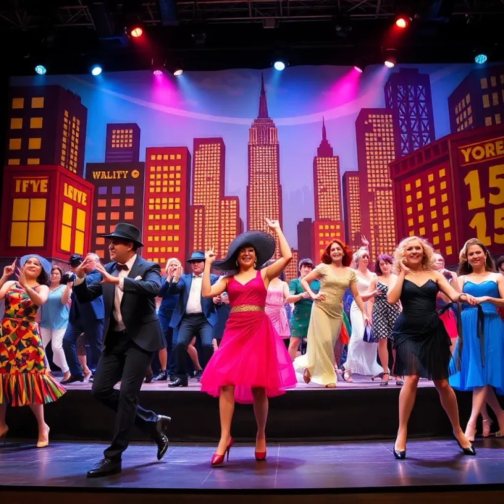 Stage scene from the Annie musical with performers in colorful costumes.