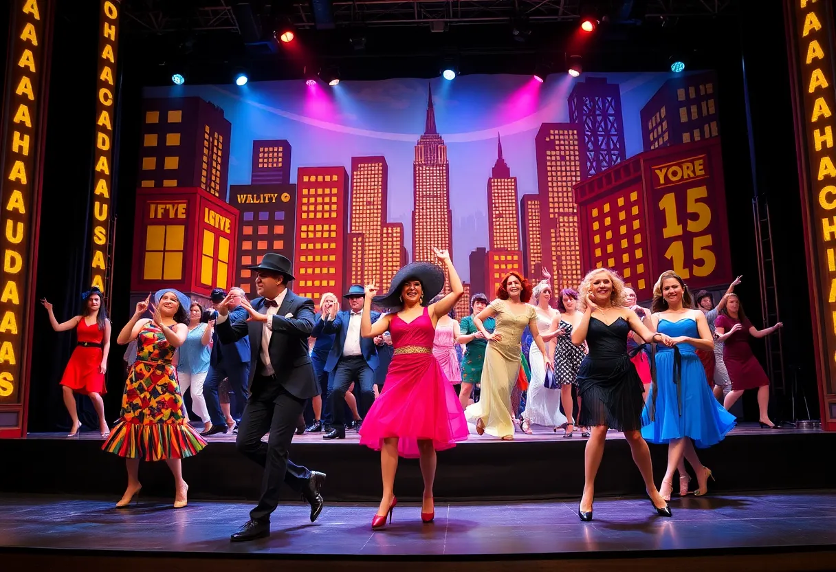 Stage scene from the Annie musical with performers in colorful costumes.