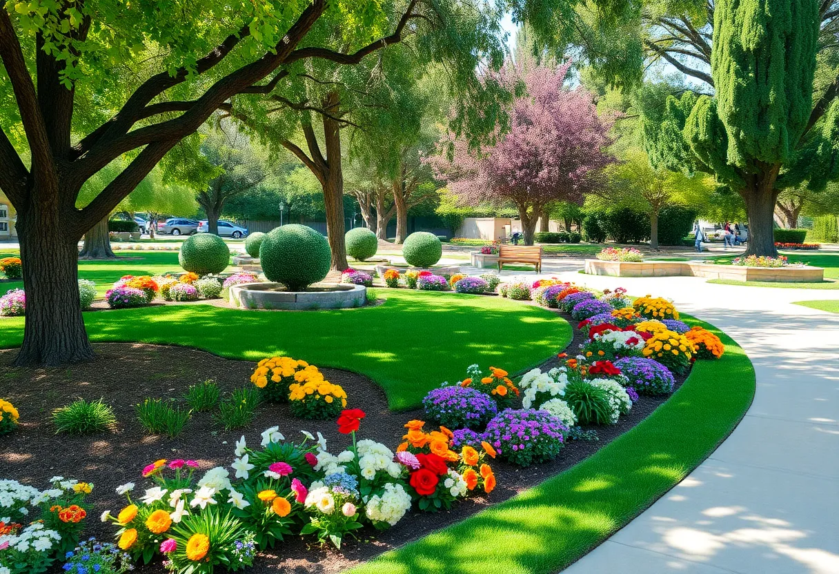 Community park in Atascadero with flowers and trees