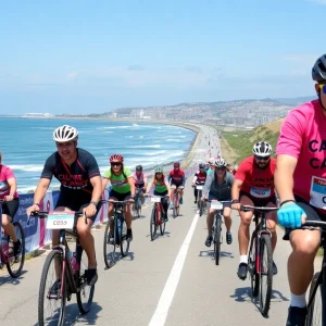 Cyclists riding along the coast raising funds for childhood cancer research.