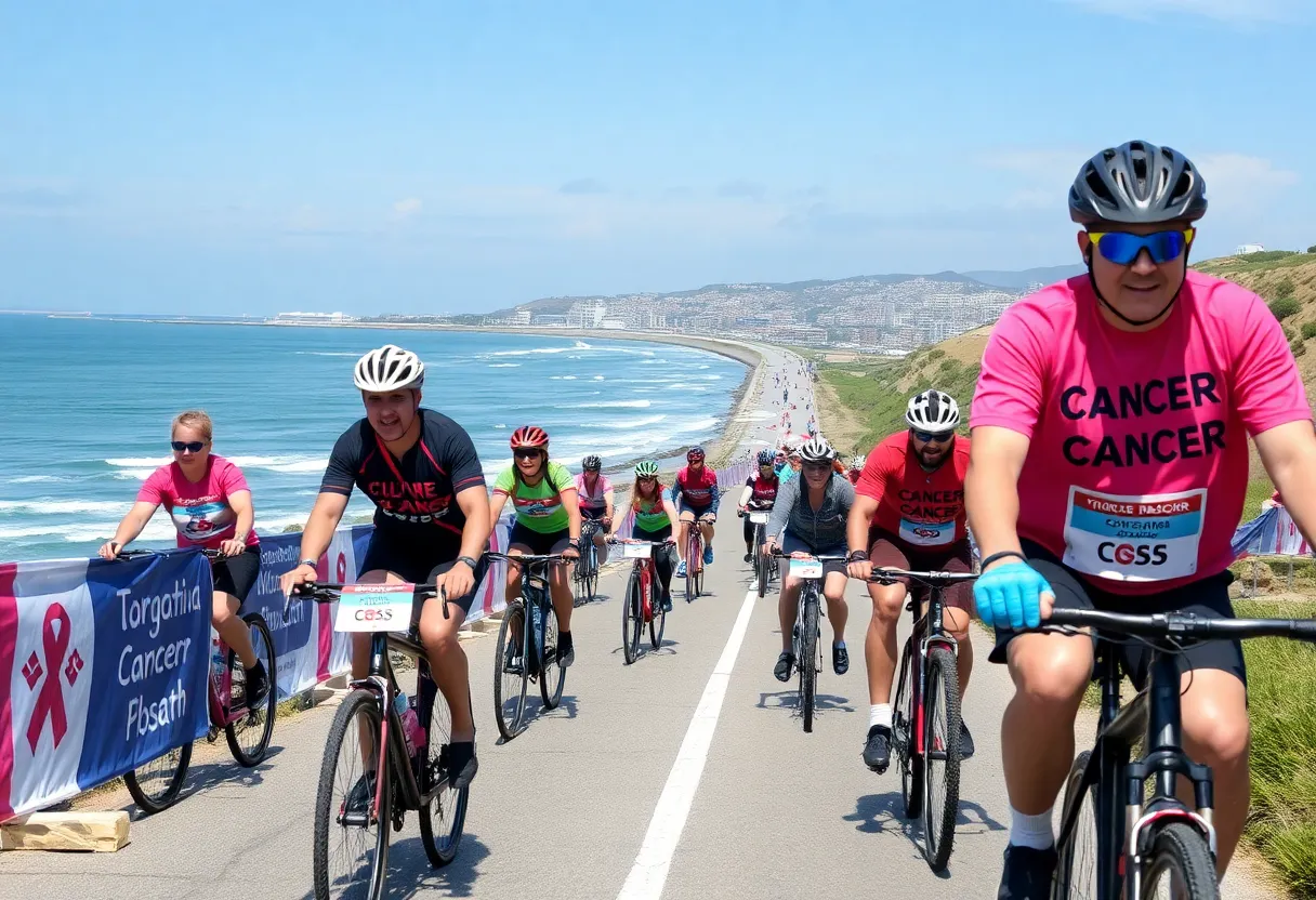 Cyclists riding along the coast raising funds for childhood cancer research.