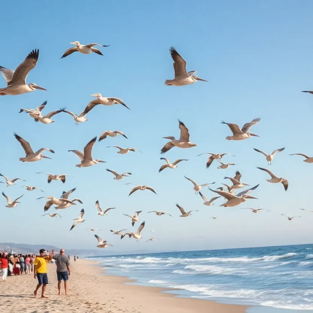 A flock of brown pelicans flying over the beach