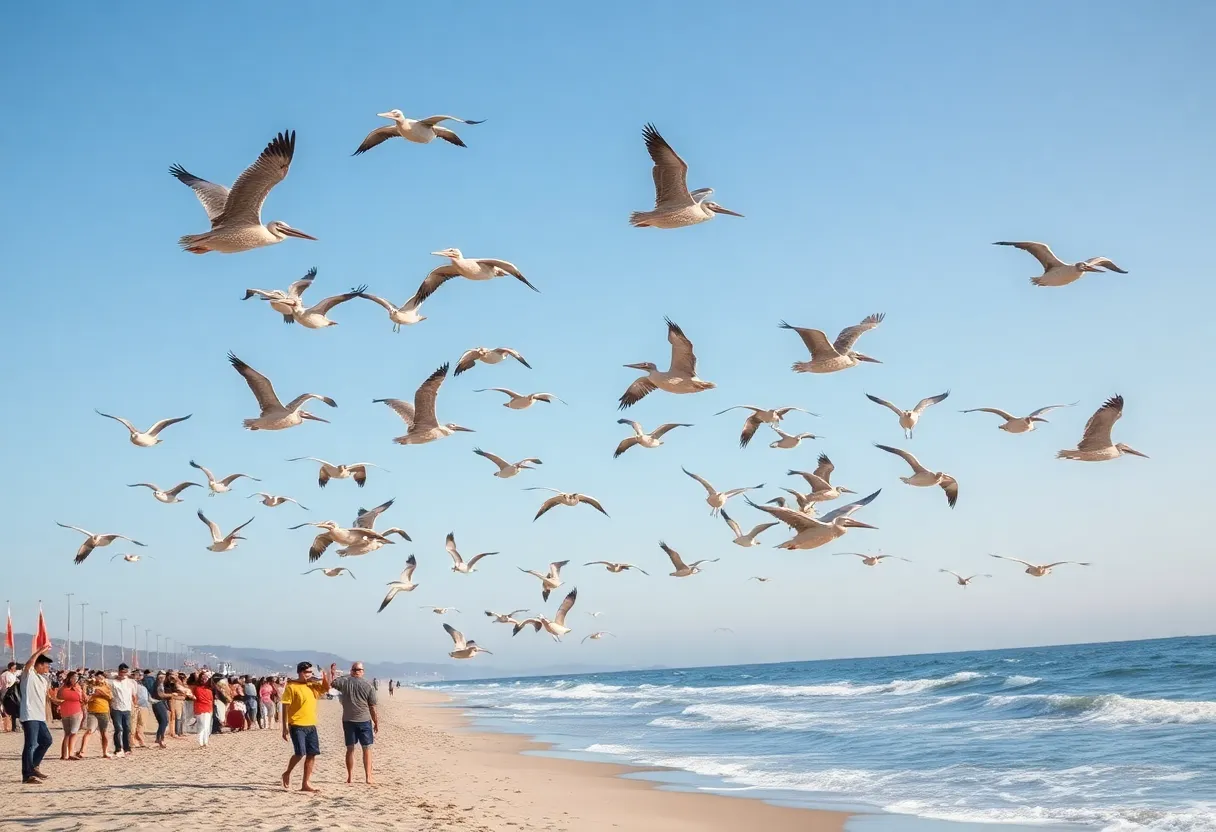 A flock of brown pelicans flying over the beach