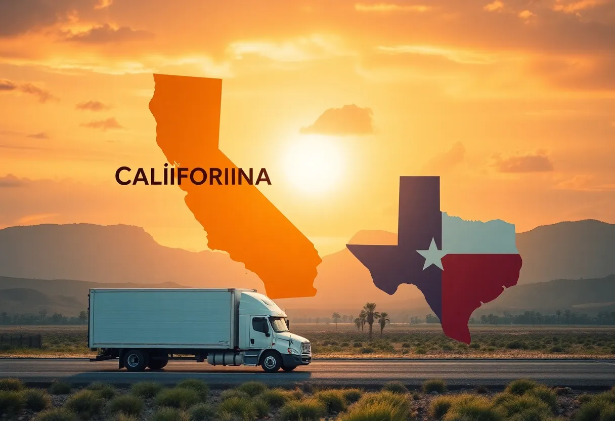 Illustration of businesses relocating from California to Texas