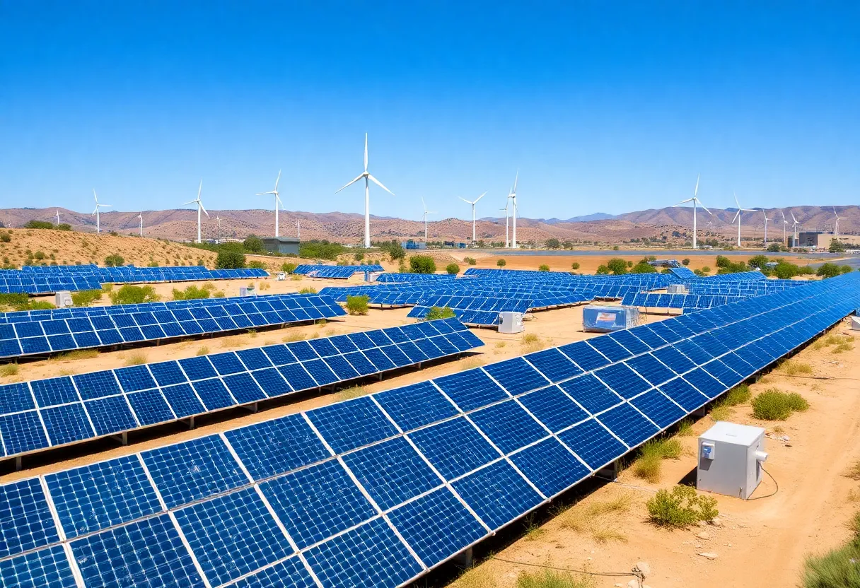 Clean energy landscape in California with solar panels and wind turbines