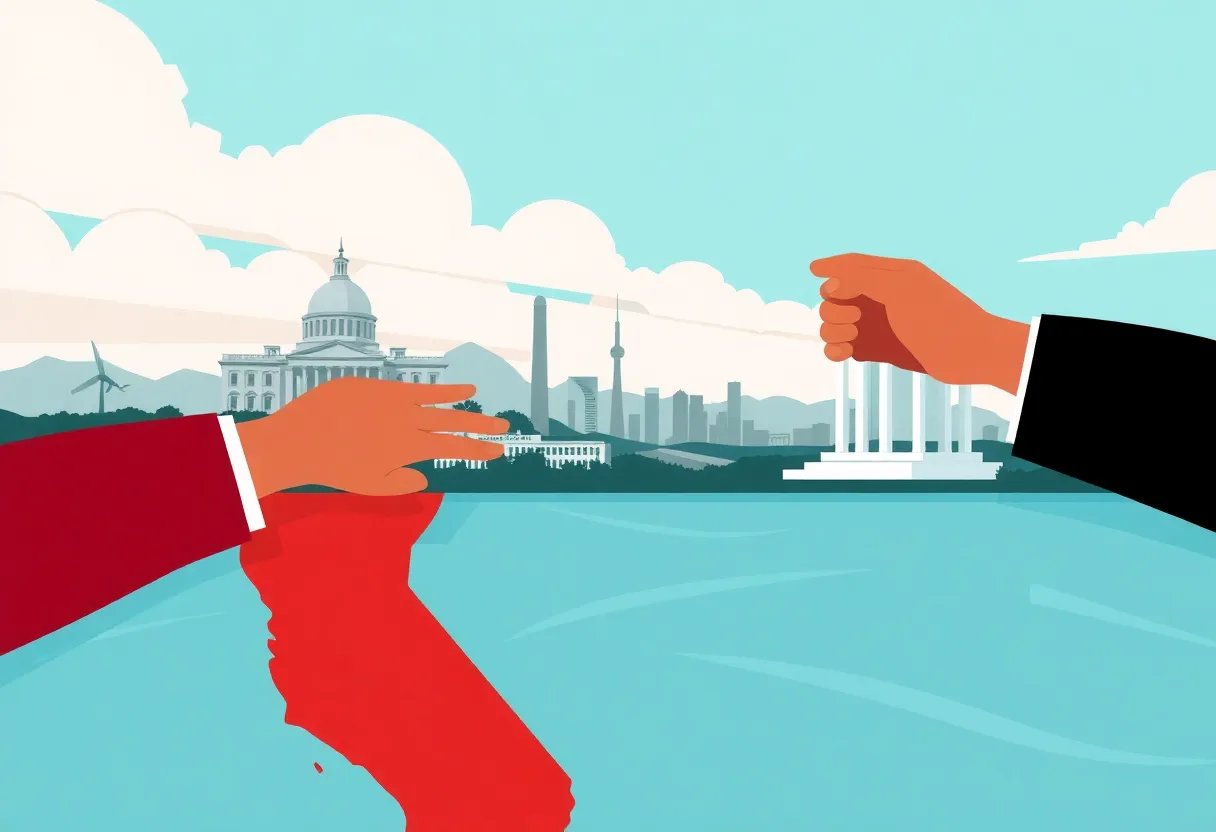 Illustration depicting the conflict between California's state government and federal authorities.