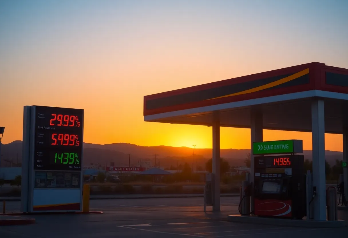 Fluctuating gas prices at a California gas station during sunset