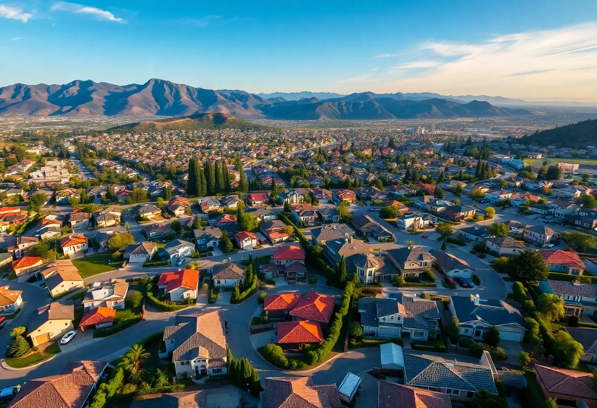 Aerial view of California neighborhoods showing varied housing styles and investor-owned properties.