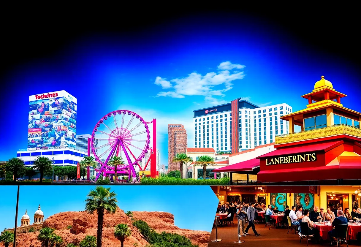 A collage depicting different aspects of California's business landscape including technology, tourism, and dining.