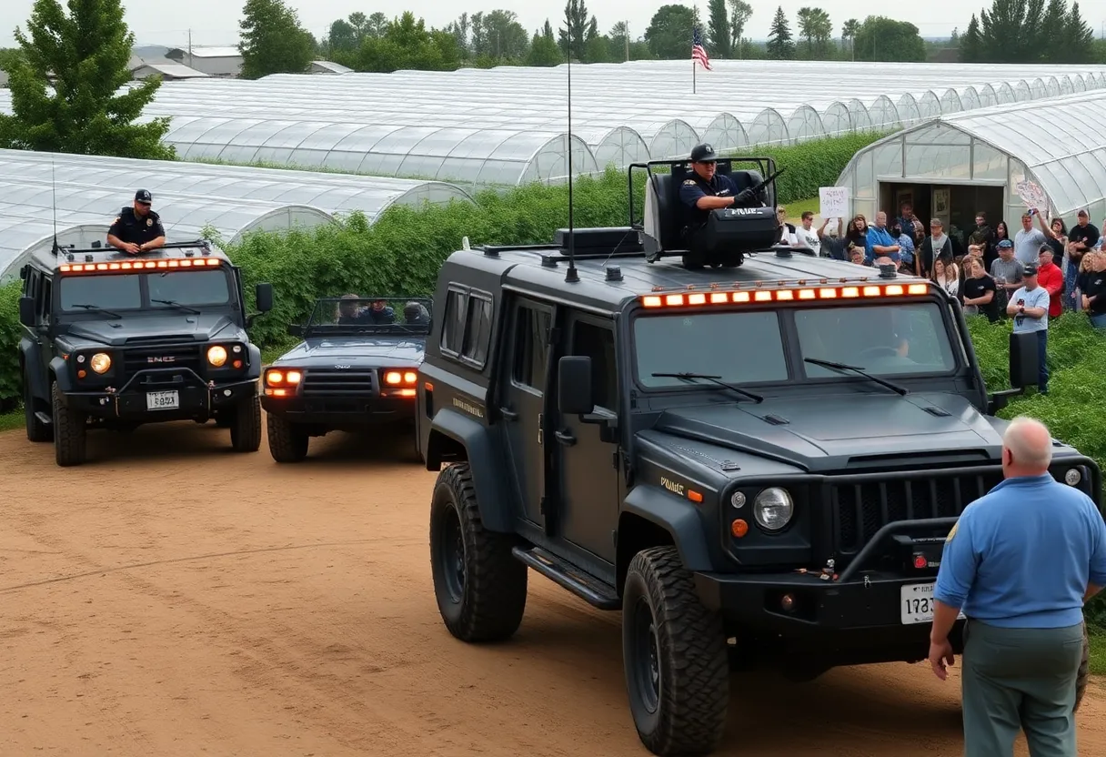 Armored vehicles and federal agents at a cannabis farm during a raid.