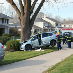 Car crash site with a vehicle crashed into trees and homes in Huntington Beach.