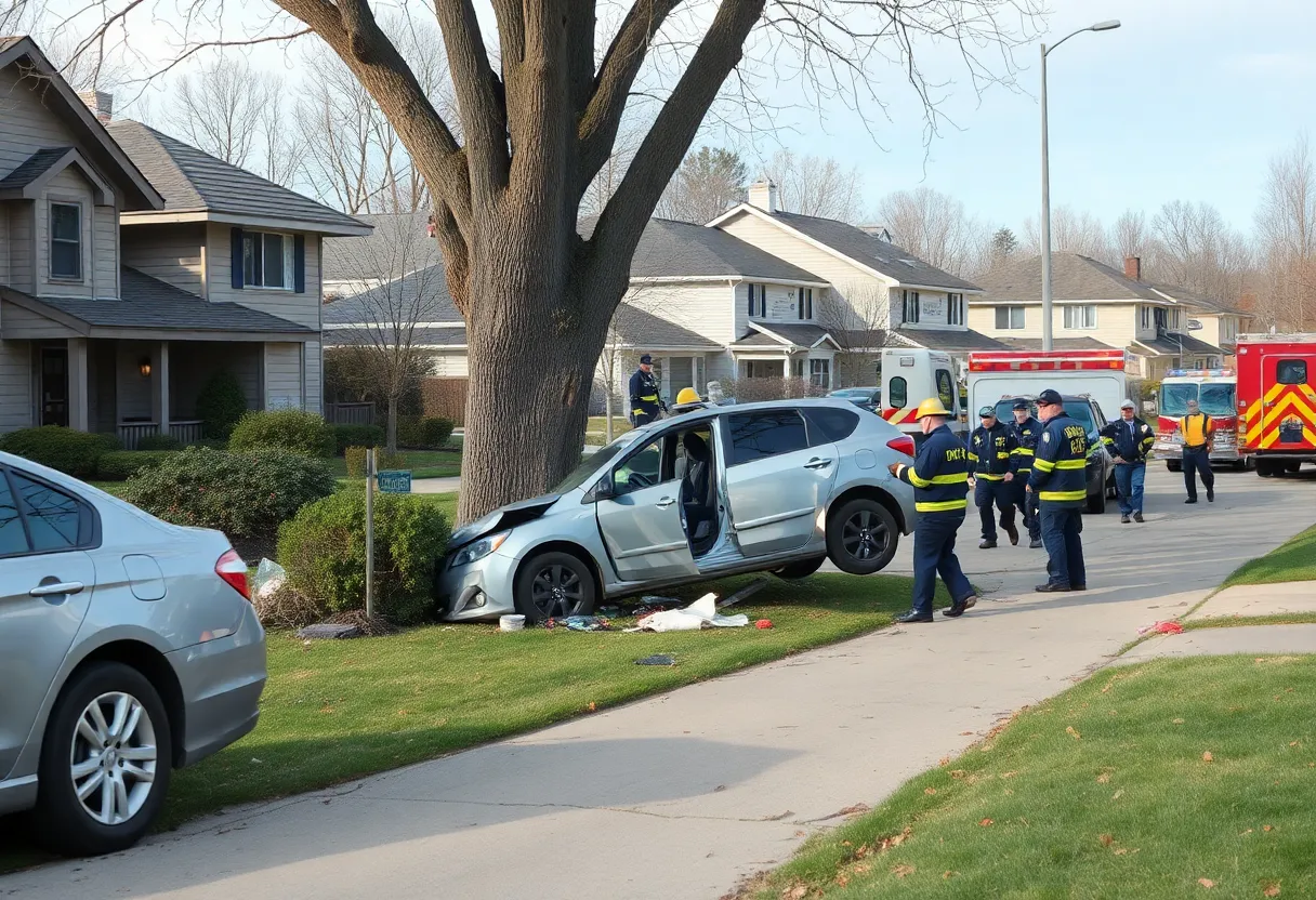 Car crash site with a vehicle crashed into trees and homes in Huntington Beach.