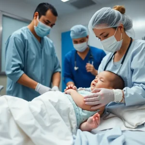 Hospital emergency room treatment for a critically ill infant
