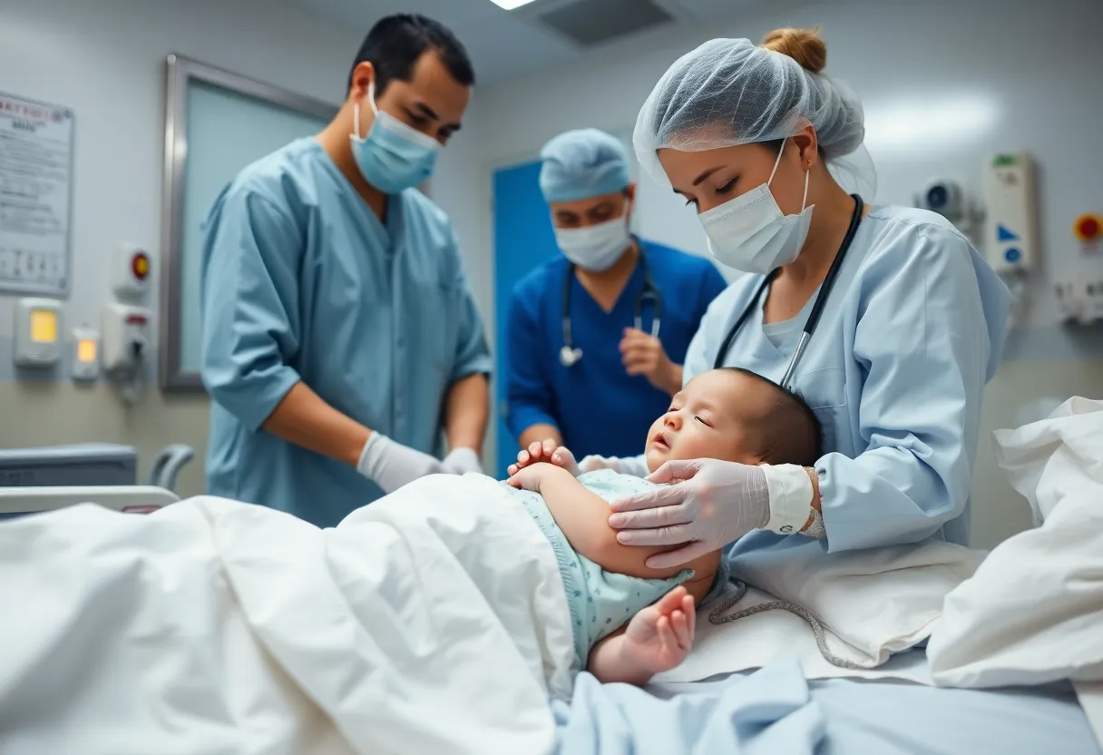 Hospital emergency room treatment for a critically ill infant