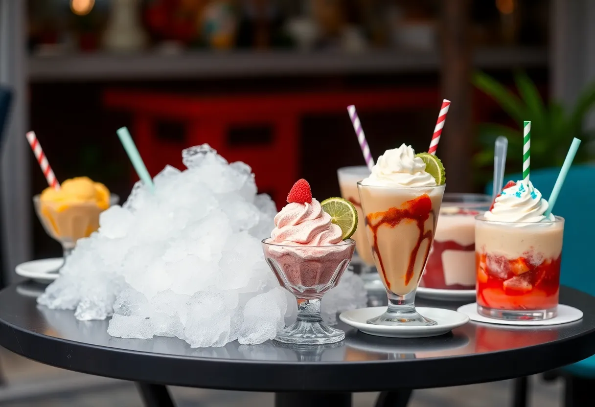 A variety of chilled treats including gelato, shaved ice, and ice cream floats on a summer day.