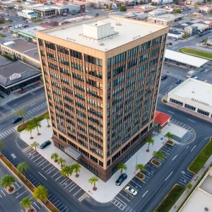 Aerial view of City Plaza office building beside retail outlets