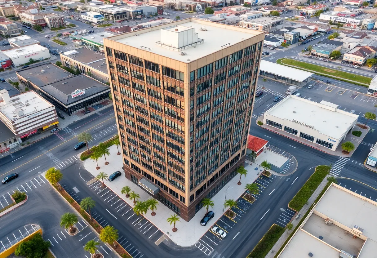 Aerial view of City Plaza office building beside retail outlets