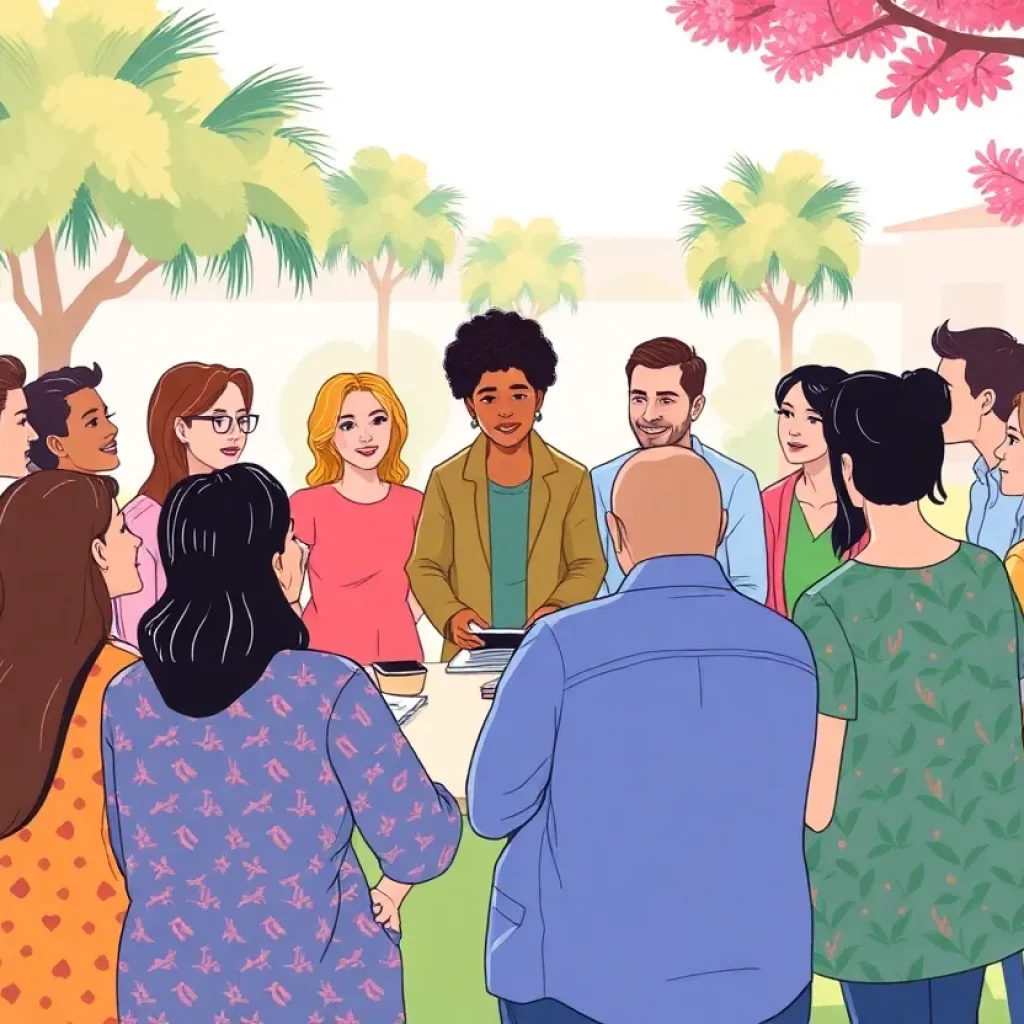 Illustration of community members discussing mental health in Orange County