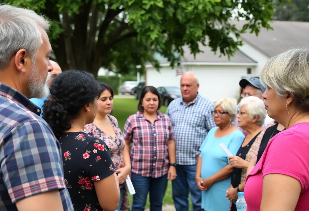 Community members discussing search efforts for a missing elderly man.