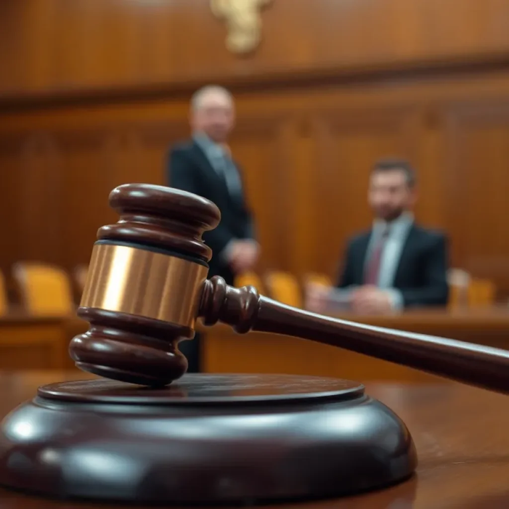 Courtroom with gavel and blurred figure symbolizing betrayal