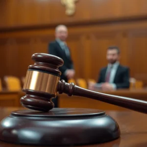 Courtroom with gavel and blurred figure symbolizing betrayal
