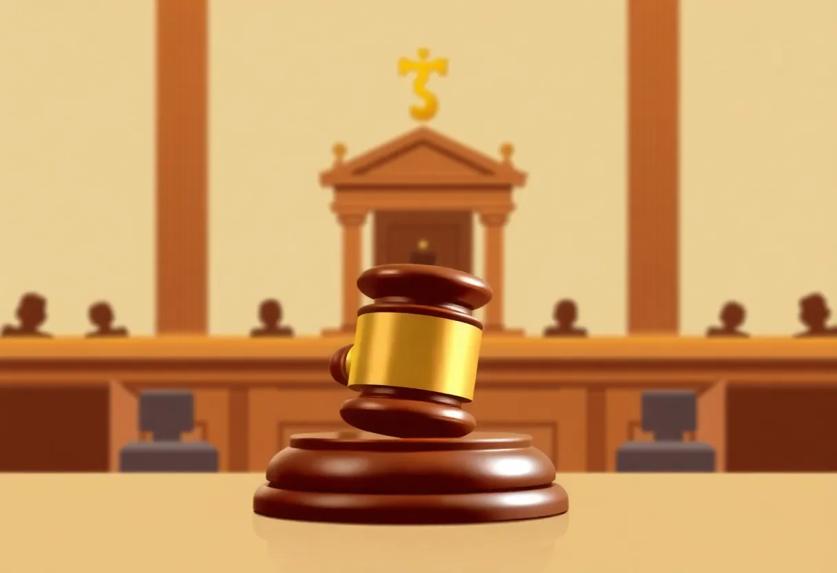 Illustration of a courtroom depicting legal consequences of crime.