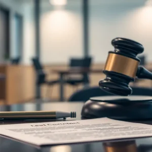 A courtroom scene with a legal document and gavel
