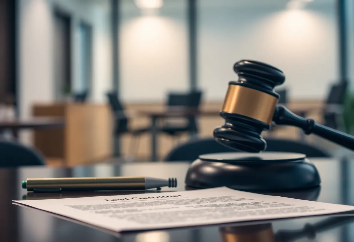 A courtroom scene with a legal document and gavel