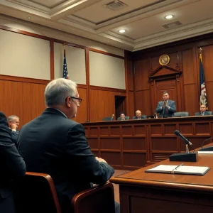 Courtroom scene depicting a legal trial