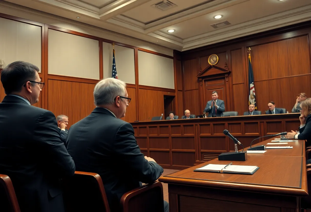 Courtroom scene depicting a legal trial